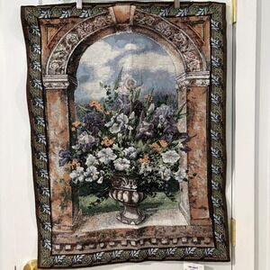 Sea Gull Floral Tapestry Wall Hanging Iris Flower Urn Archway Woven Art 34x26